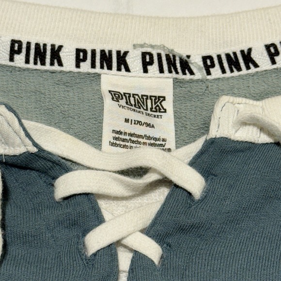 Victoria's Secret PINK Lace-Up Long Sleeve Jersey Shirt Womens M Teal White - Picture 3 of 8